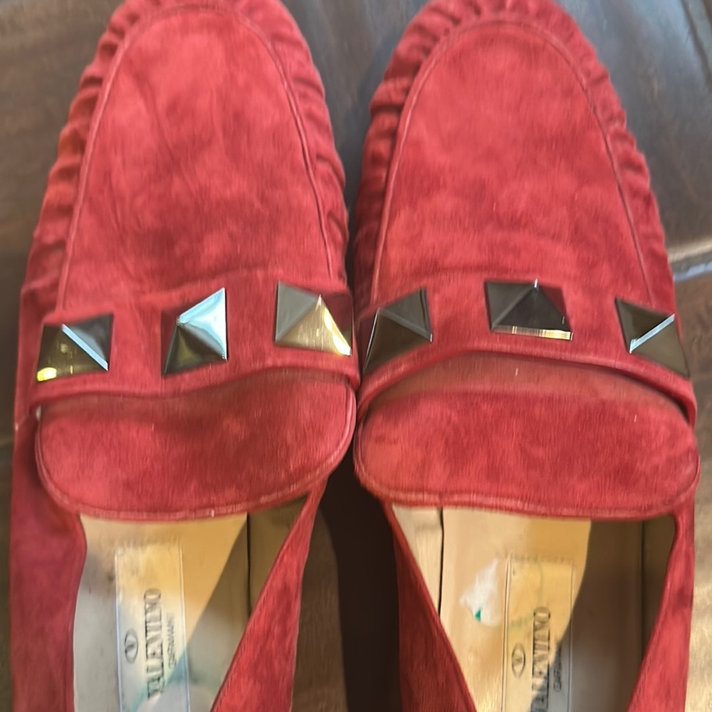 Valentino Crimson Suede Loafers with Dark Studs